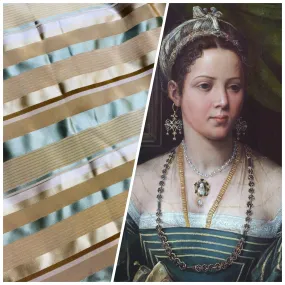 NEW Queen Genevieve 100% Silk Taffeta Fabric with Satin Ribbon Stripes in Brown, Gold, and Turquoise Blue