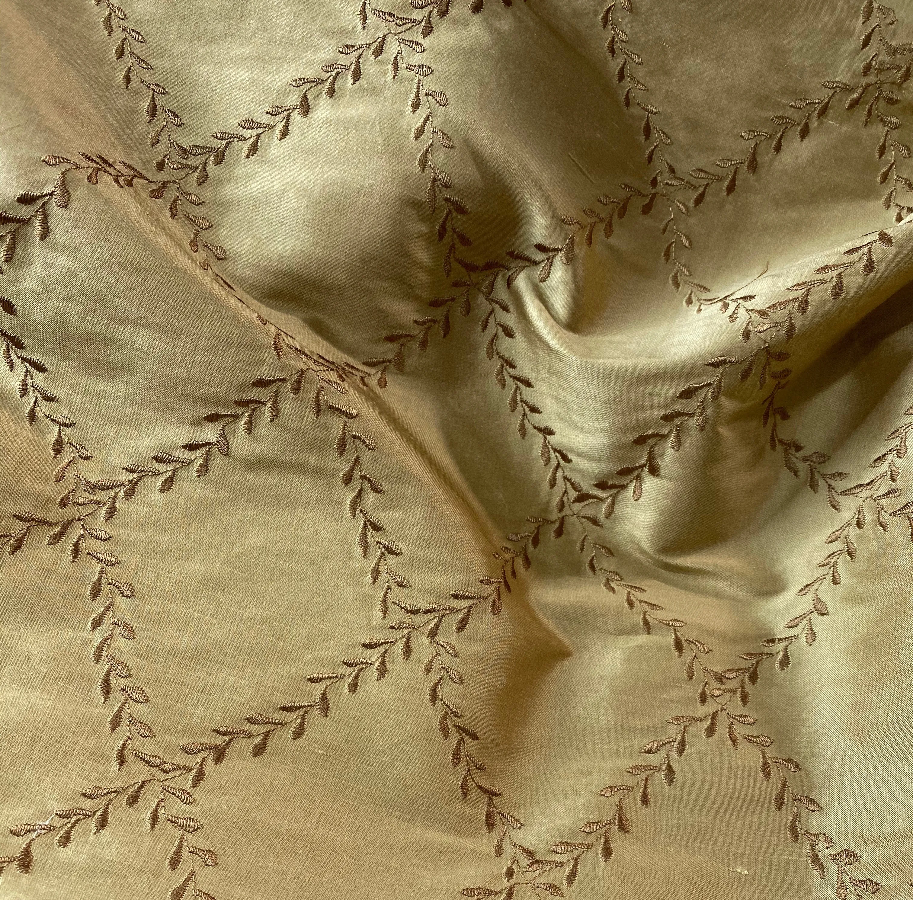 NEW Queen Mary 100% Silk Dupioni Fabric with Diamond Leaf Motif in Gold