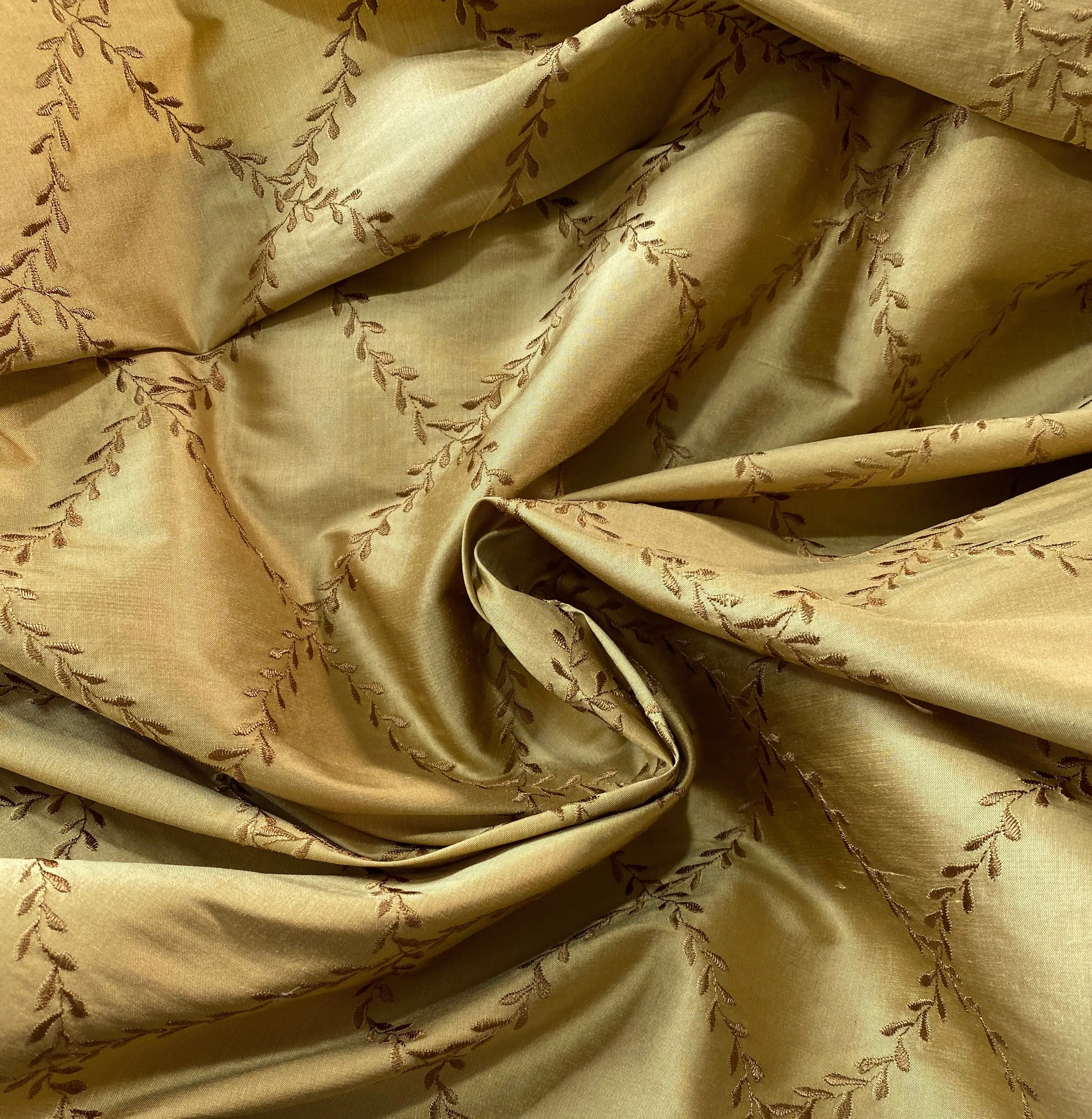 NEW Queen Mary 100% Silk Dupioni Fabric with Diamond Leaf Motif in Gold