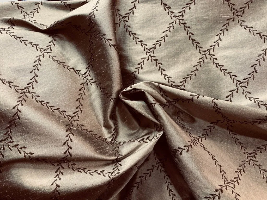 NEW Queen Mary 100% Silk Dupioni Fabric with Diamond Leaf Motif in Pewter