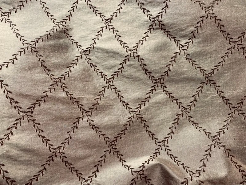 NEW Queen Mary 100% Silk Dupioni Fabric with Diamond Leaf Motif in Pewter