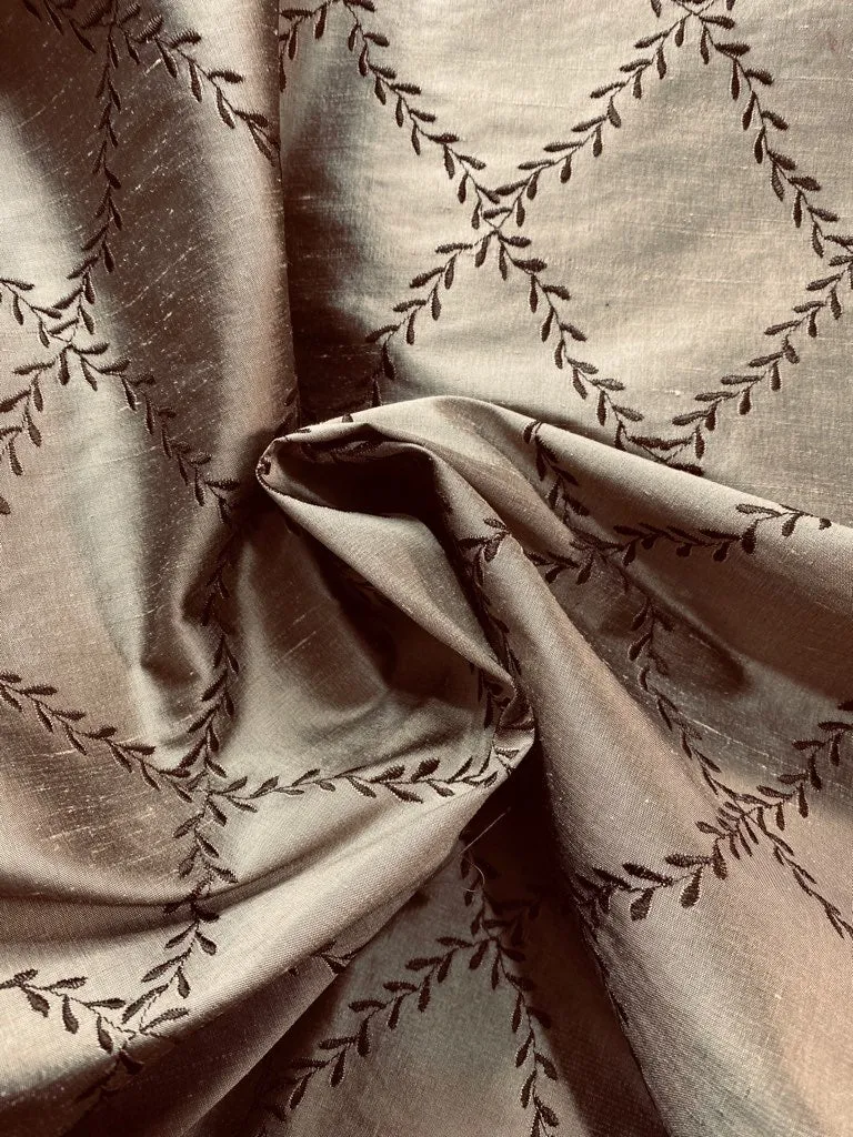 NEW Queen Mary 100% Silk Dupioni Fabric with Diamond Leaf Motif in Pewter