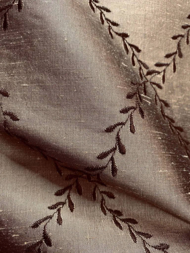 NEW Queen Mary 100% Silk Dupioni Fabric with Diamond Leaf Motif in Pewter