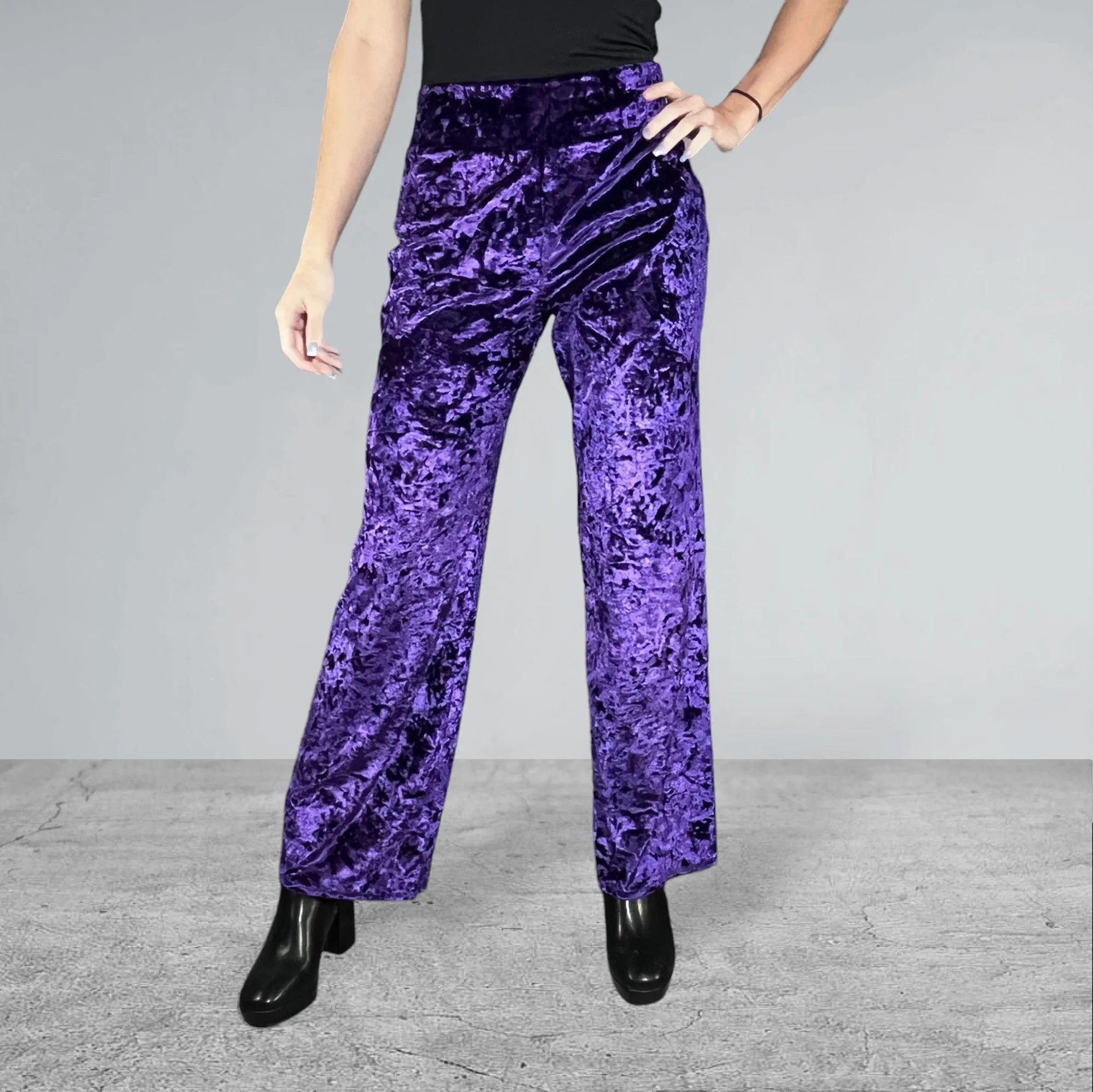 Purple Crushed Velvet Straight Leg Pants - Optional Pockets