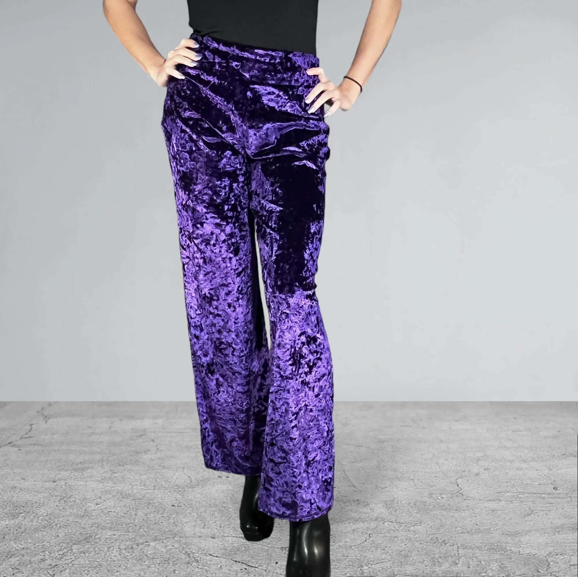 Purple Crushed Velvet Straight Leg Pants - Optional Pockets