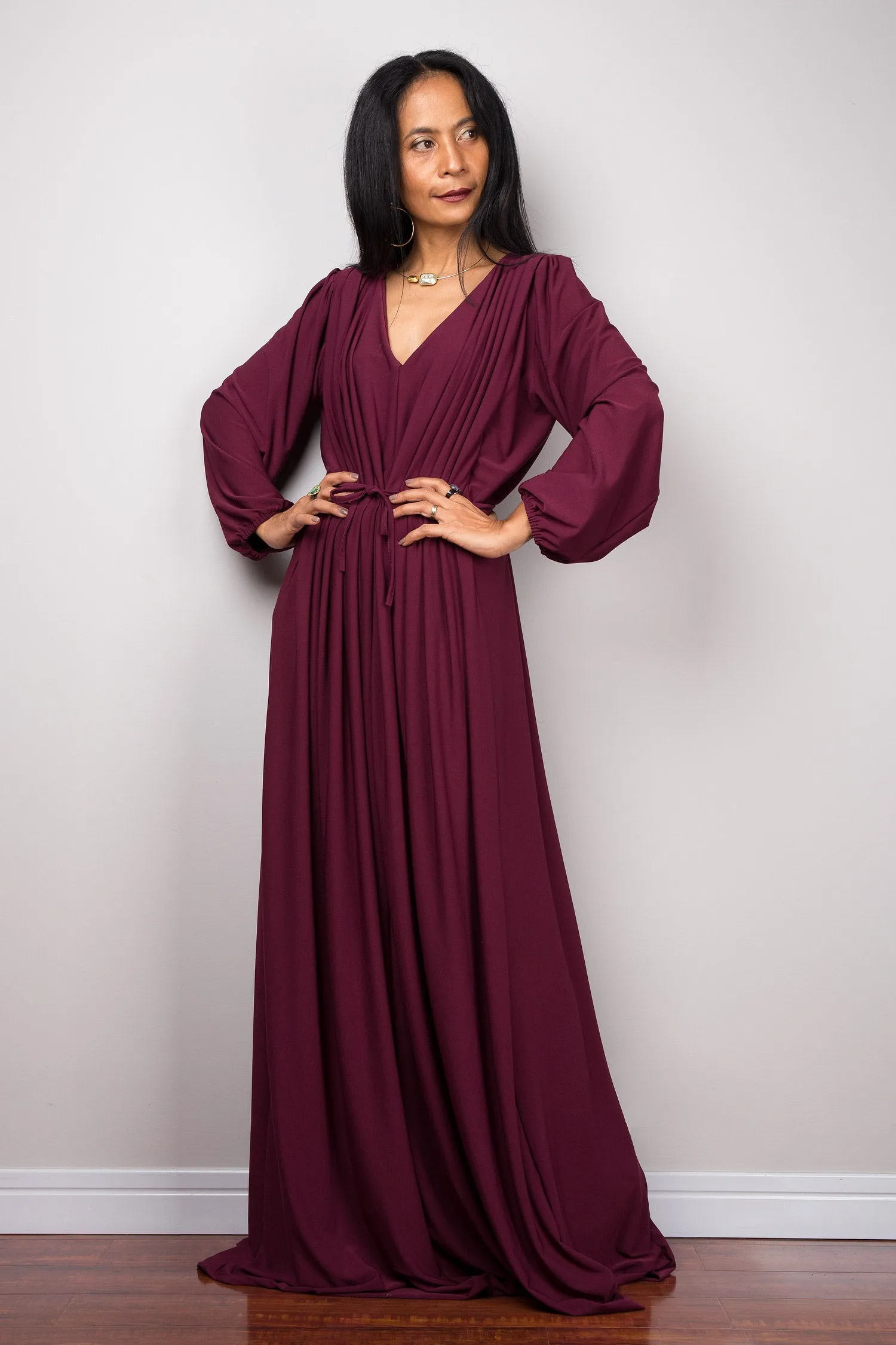 Purple maxi dress with long sleeves,  Pleated purple dress