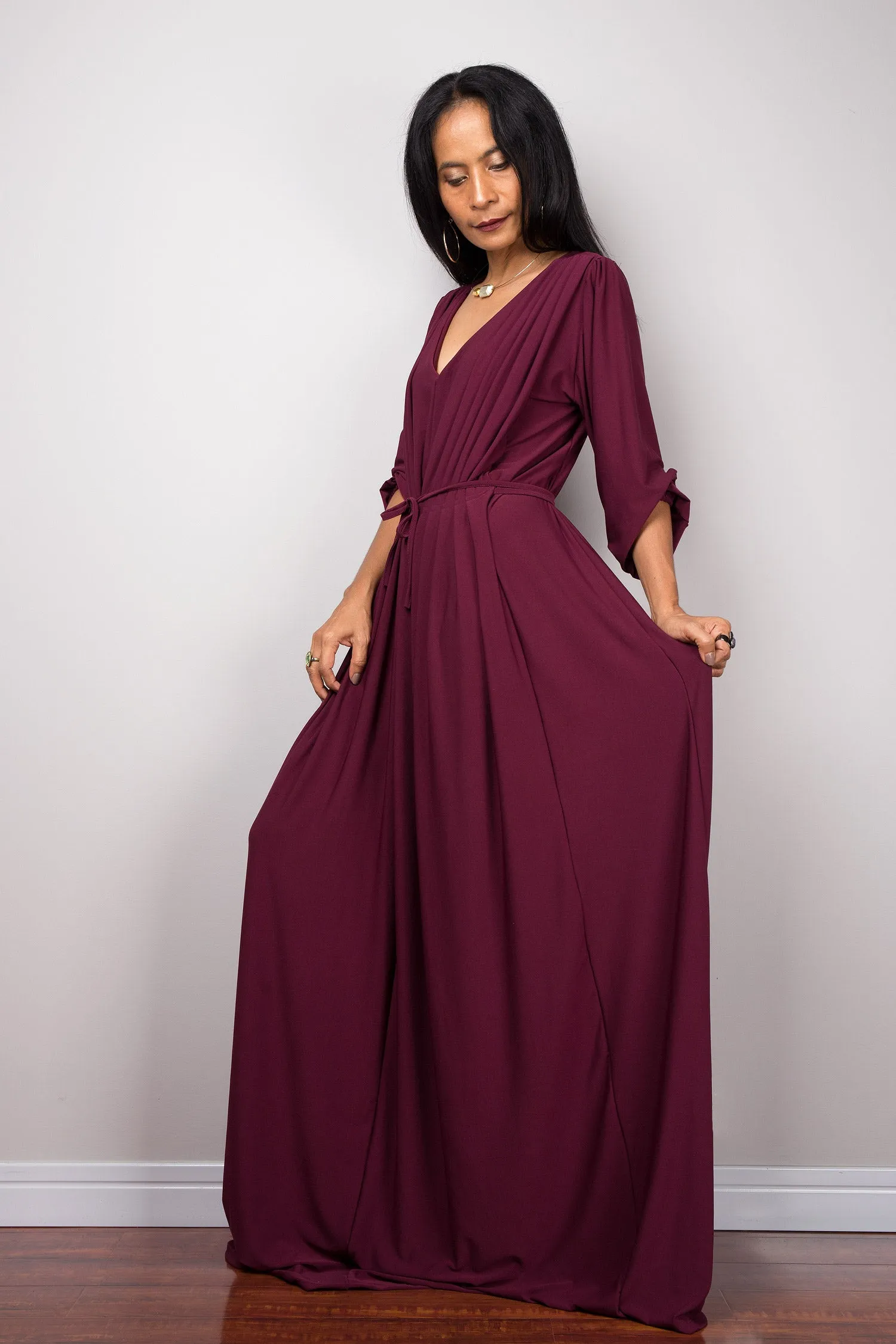 Purple maxi dress with long sleeves,  Pleated purple dress