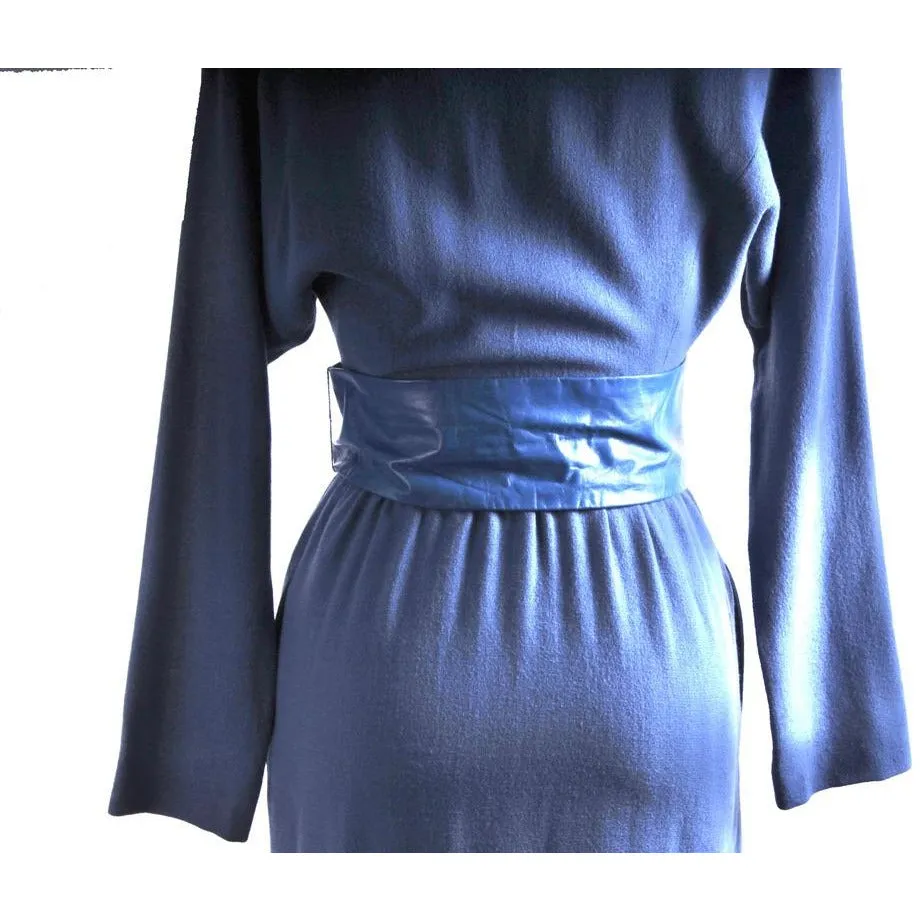 RARE Vintage Emanuel London Collection Dress Blue Wool/Leather Belt/Collar Sz Small