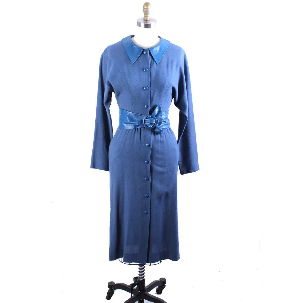 RARE Vintage Emanuel London Collection Dress Blue Wool/Leather Belt/Collar Sz Small