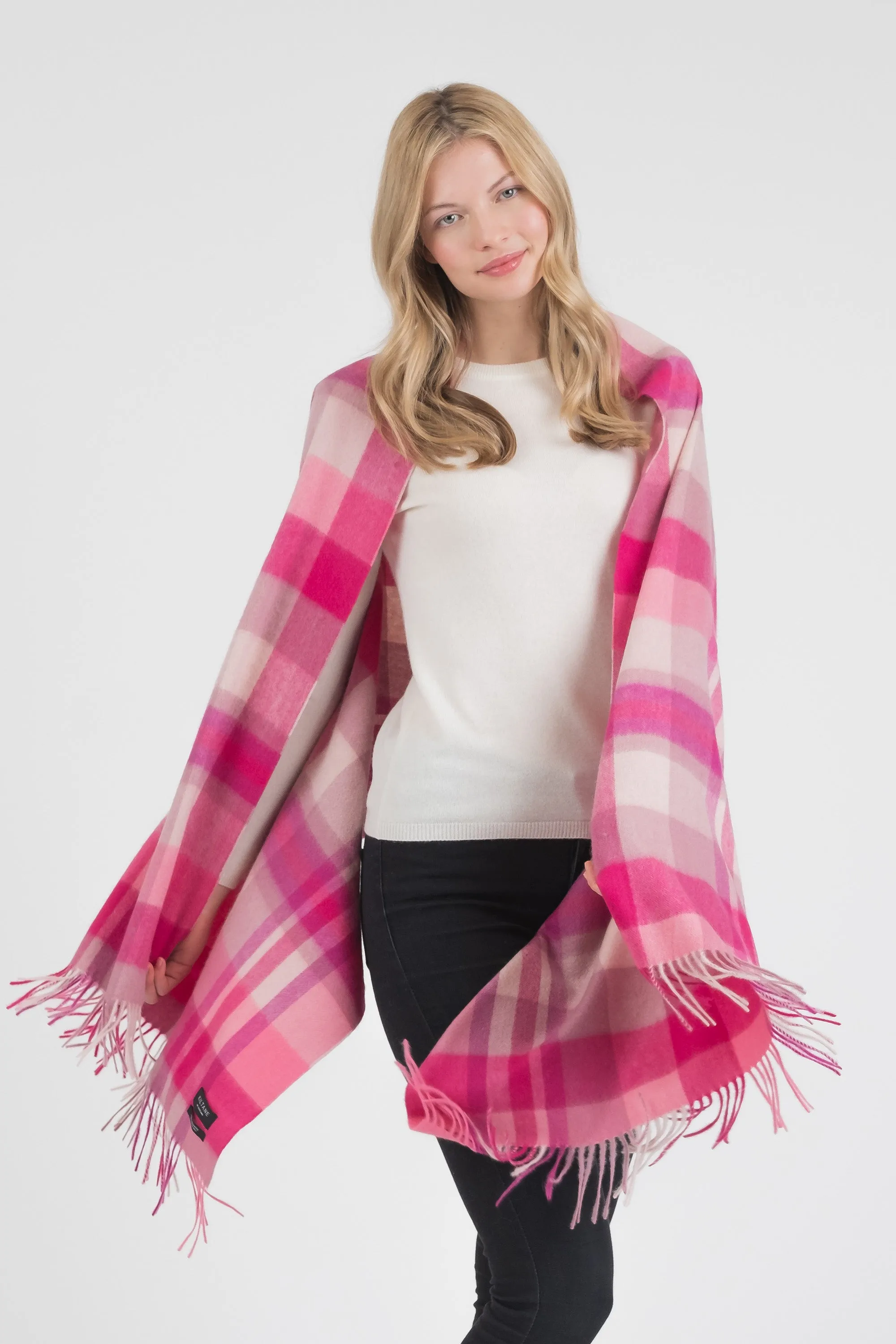 Square Check Cashmere Stole - Bright Pink