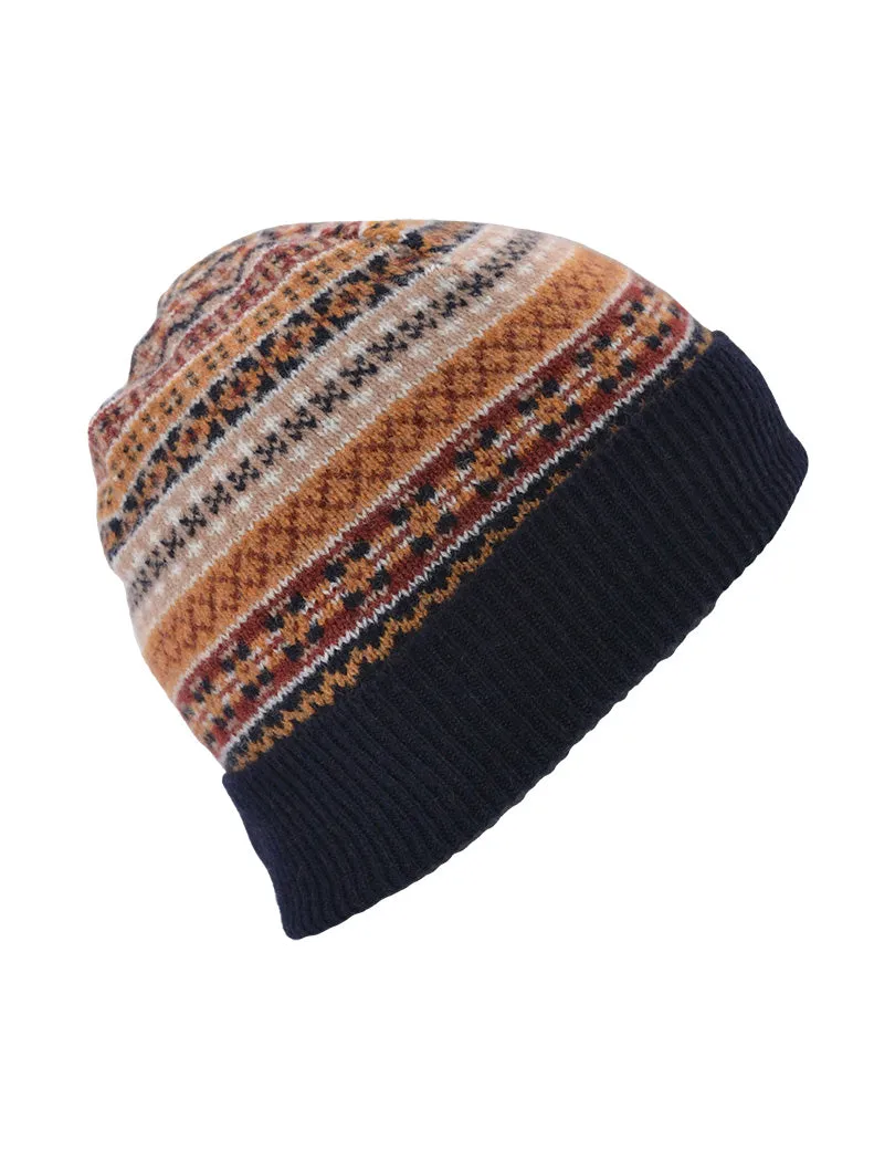 Tweed Fair isle beanie hat - Navy Gold