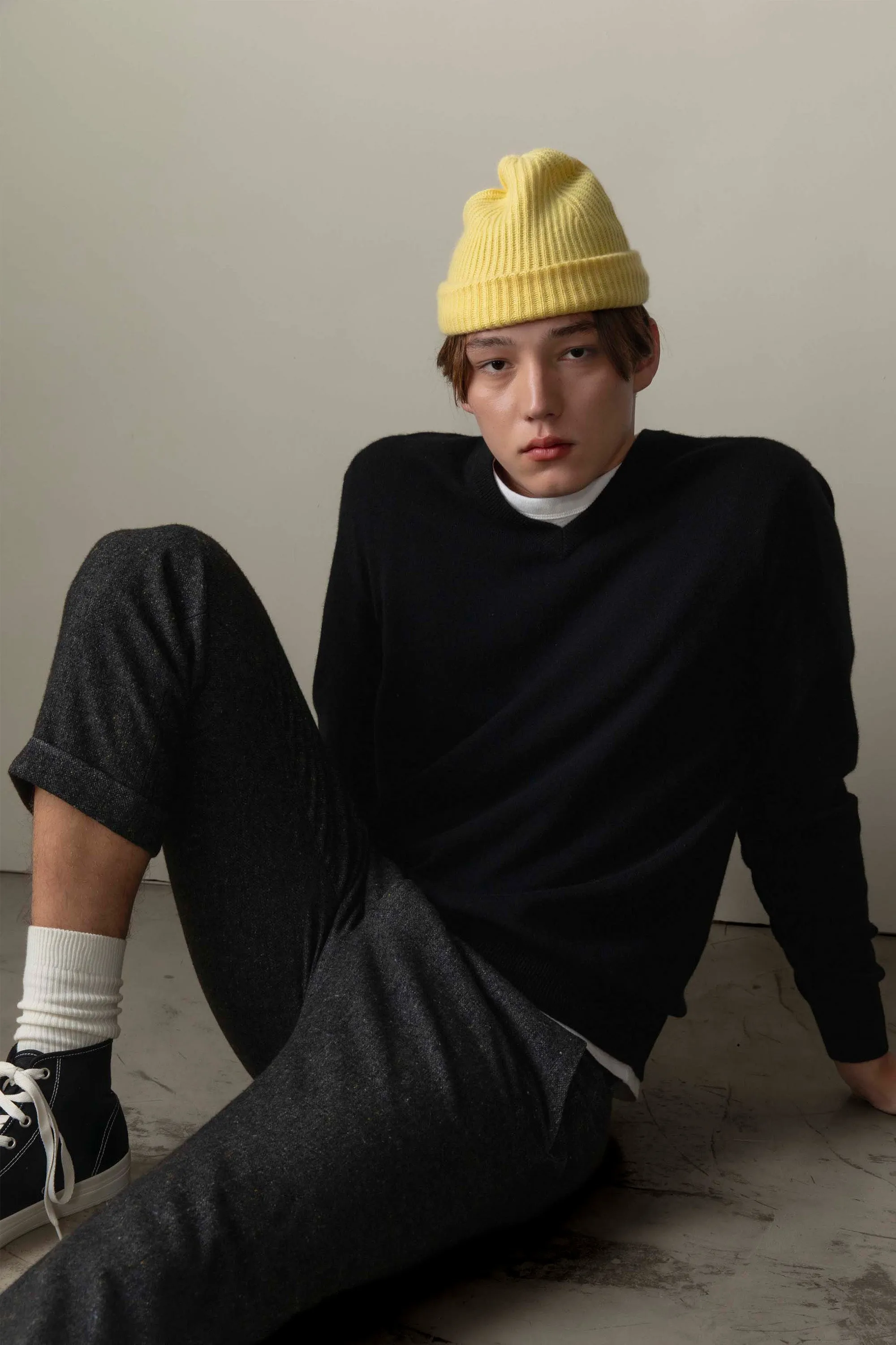 Unisex Cashmere Ribbed Beanie Hat - Lemon Yellow