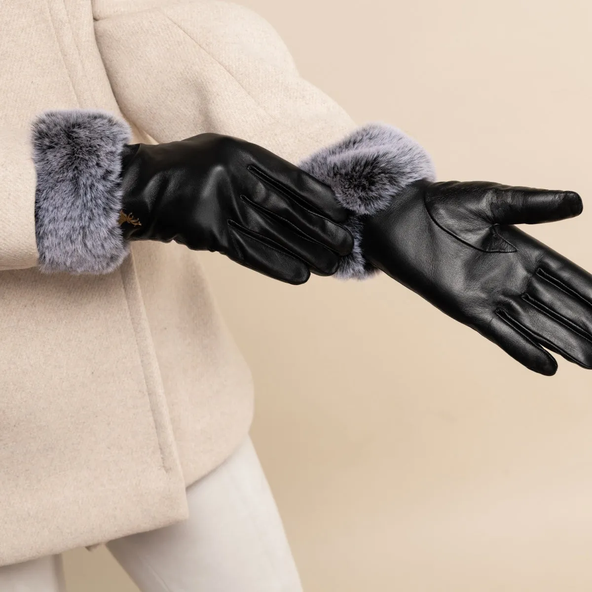 Vera – luxurious leather gloves with faux fur at the wrist and touchscreen feature