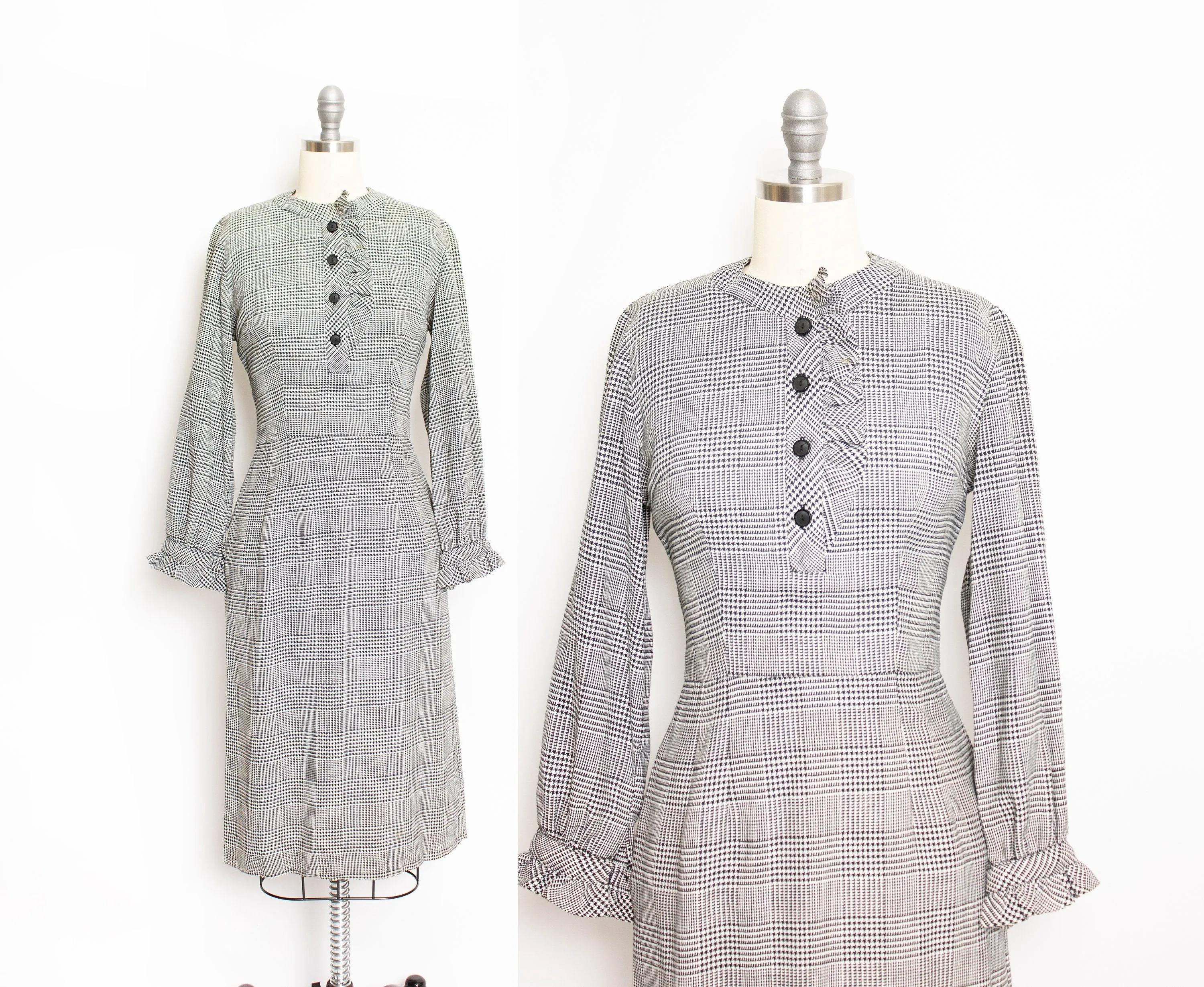 Vintage 1950s Dress Wool Herringbone Ruffle Fitted Day 50s Small