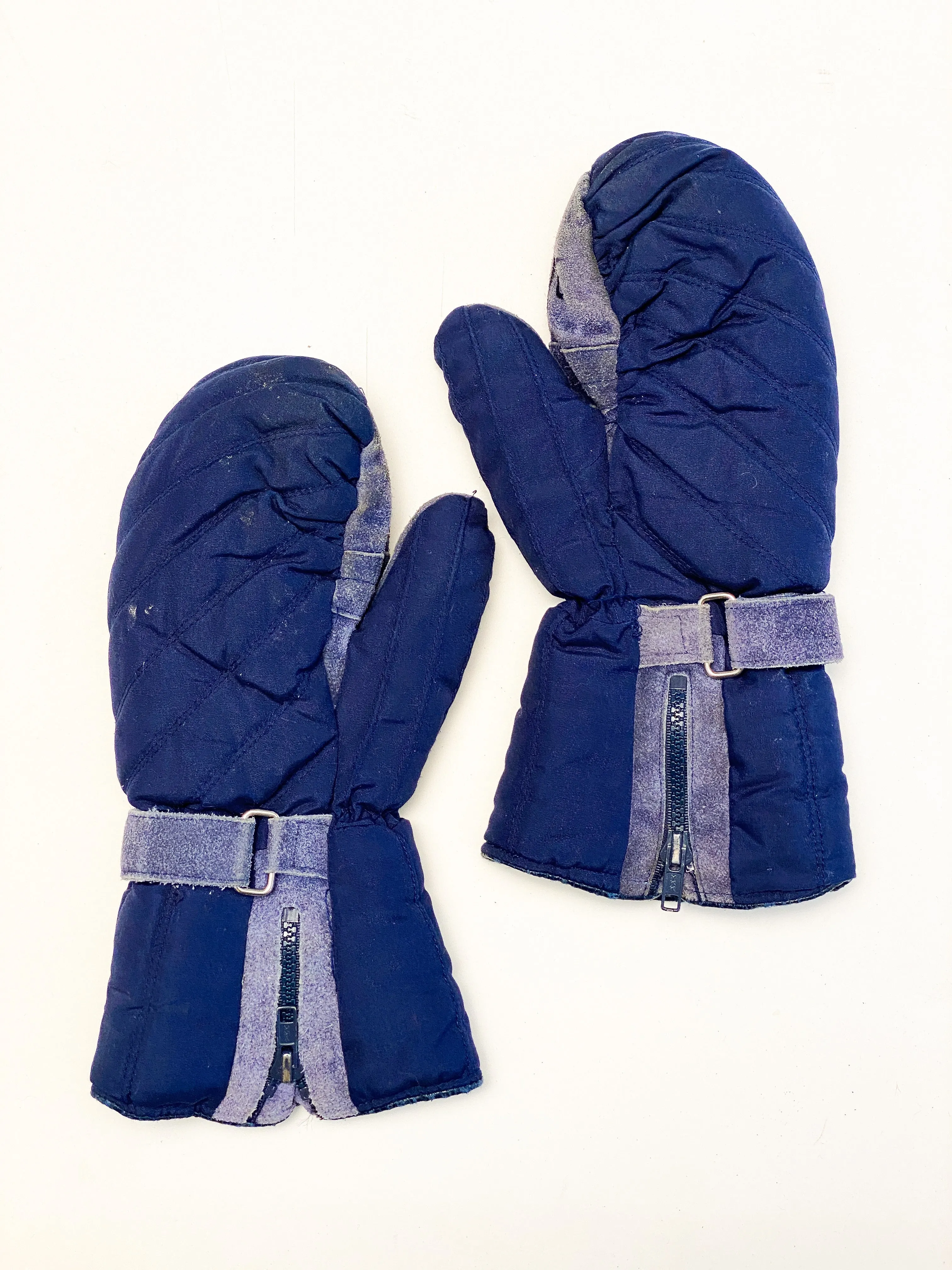 Vintage Quilted Leather Blue Winter Mittens Gloves (Large)