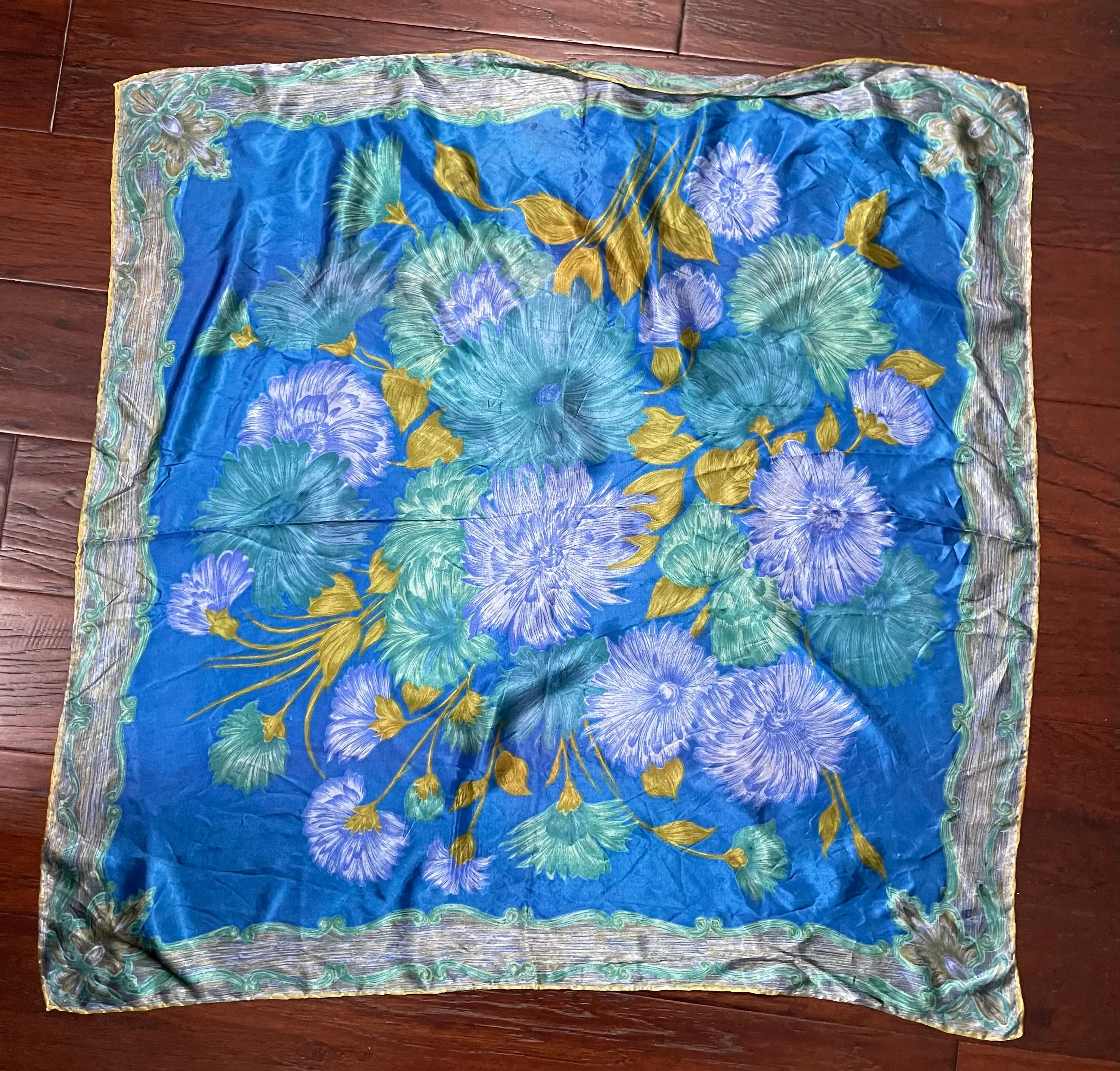 Vintage Silk Scarf, Square, Blue and Green, Floral