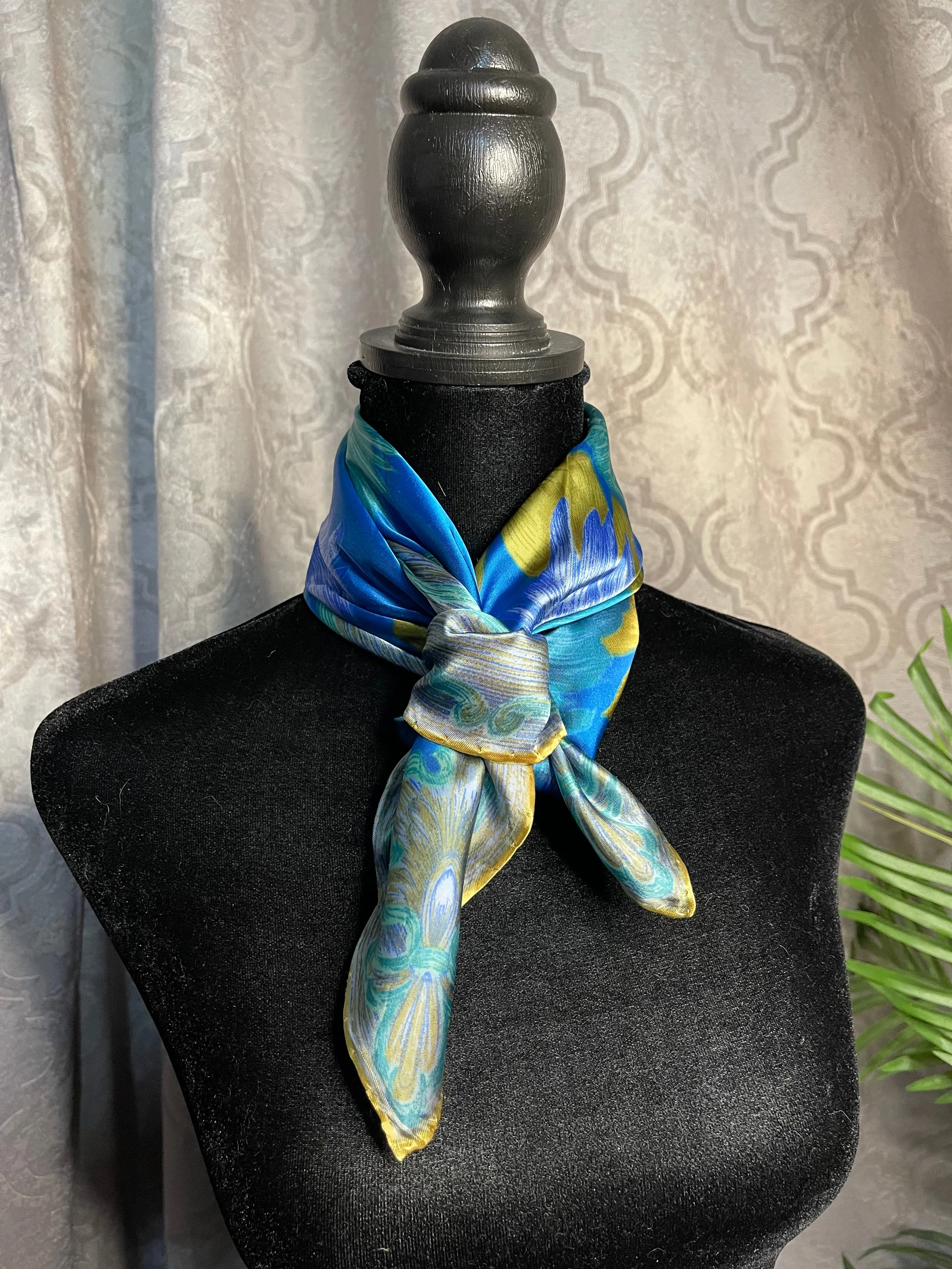 Vintage Silk Scarf, Square, Blue and Green, Floral