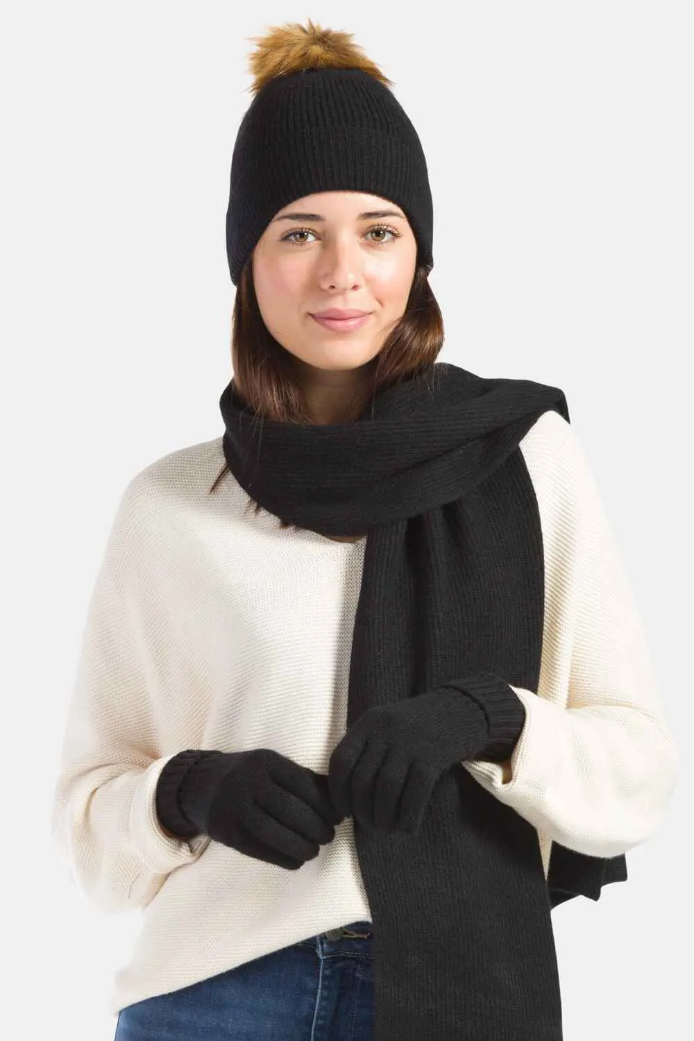 Women's 3pc 100% Cashmere Pom Beanie, Glove & Scarf Set with Gift Box