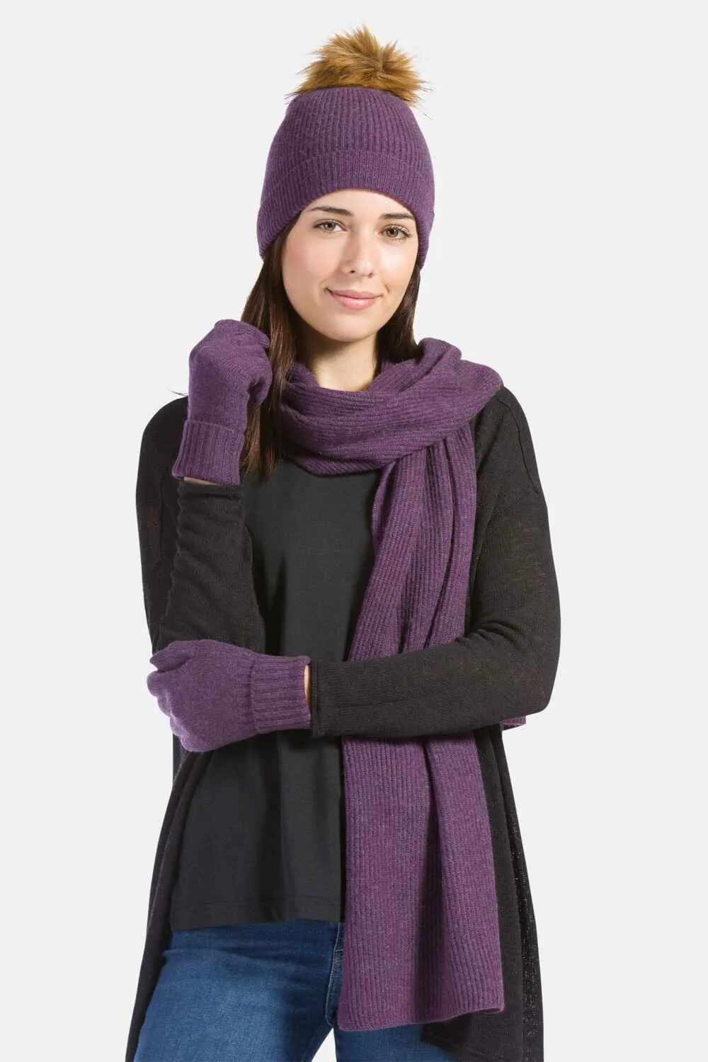 Women's 3pc 100% Cashmere Pom Beanie, Glove & Scarf Set with Gift Box