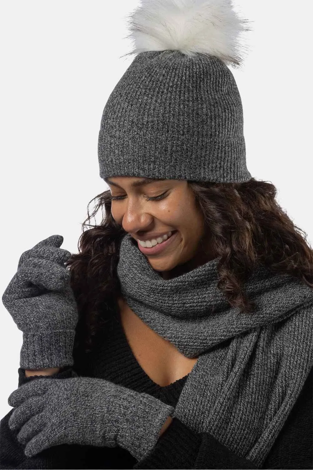 Women's 3pc 100% Cashmere Pom Beanie, Glove & Scarf Set with Gift Box