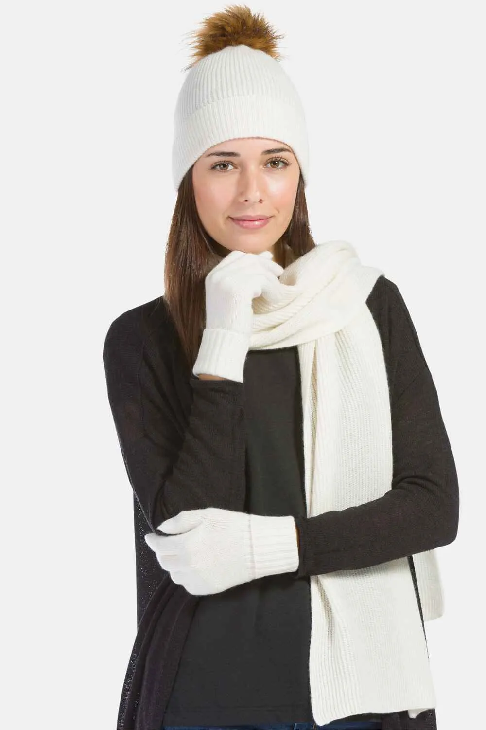 Women's 3pc 100% Cashmere Pom Beanie, Glove & Scarf Set with Gift Box