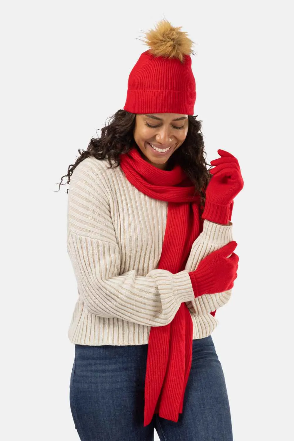 Women's 3pc 100% Cashmere Pom Beanie, Glove & Scarf Set with Gift Box