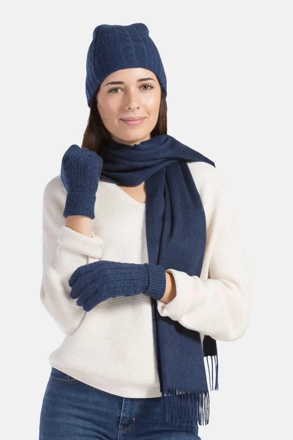 Women's 3pc 100% Pure Cashmere Cable Knit Hat, Glove & Woven Scarf Set with Gift Box