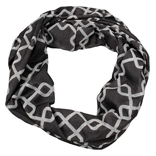 Womens Interlocking Chain Square Pattern Scarf w/ Zipper Pocket - Pop Fashion (Grey)